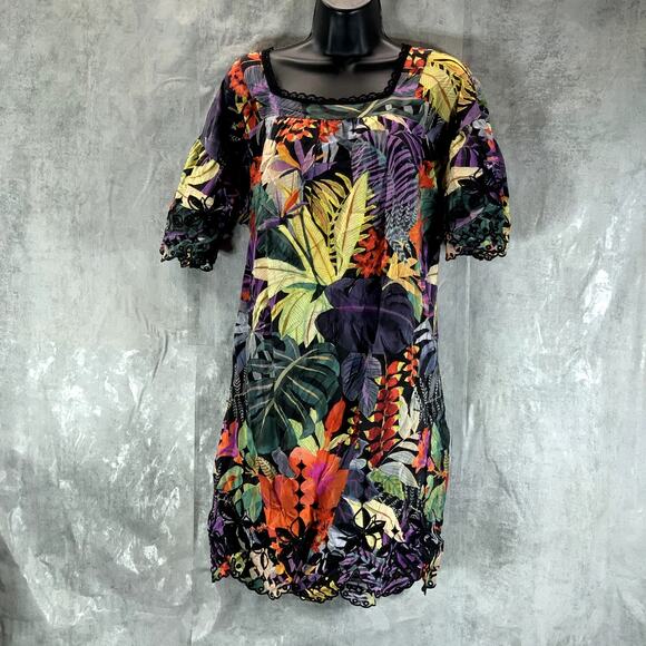 JOHNNY WAS Women's Multi Shari Tropical-Print Silk Square-Neck Mini Dress SZ S